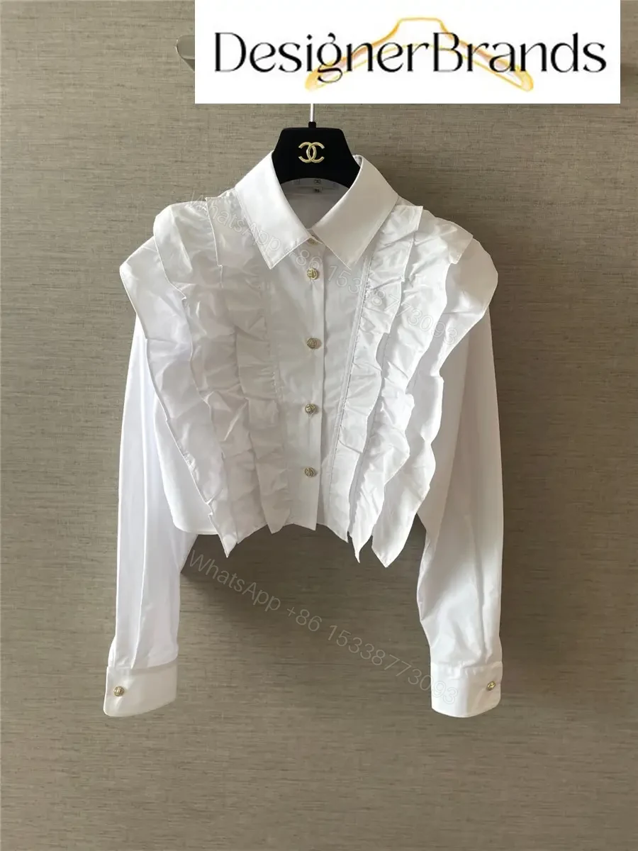 Chanel White Cotton Lace Ruffled Cropped Shirt — view 1