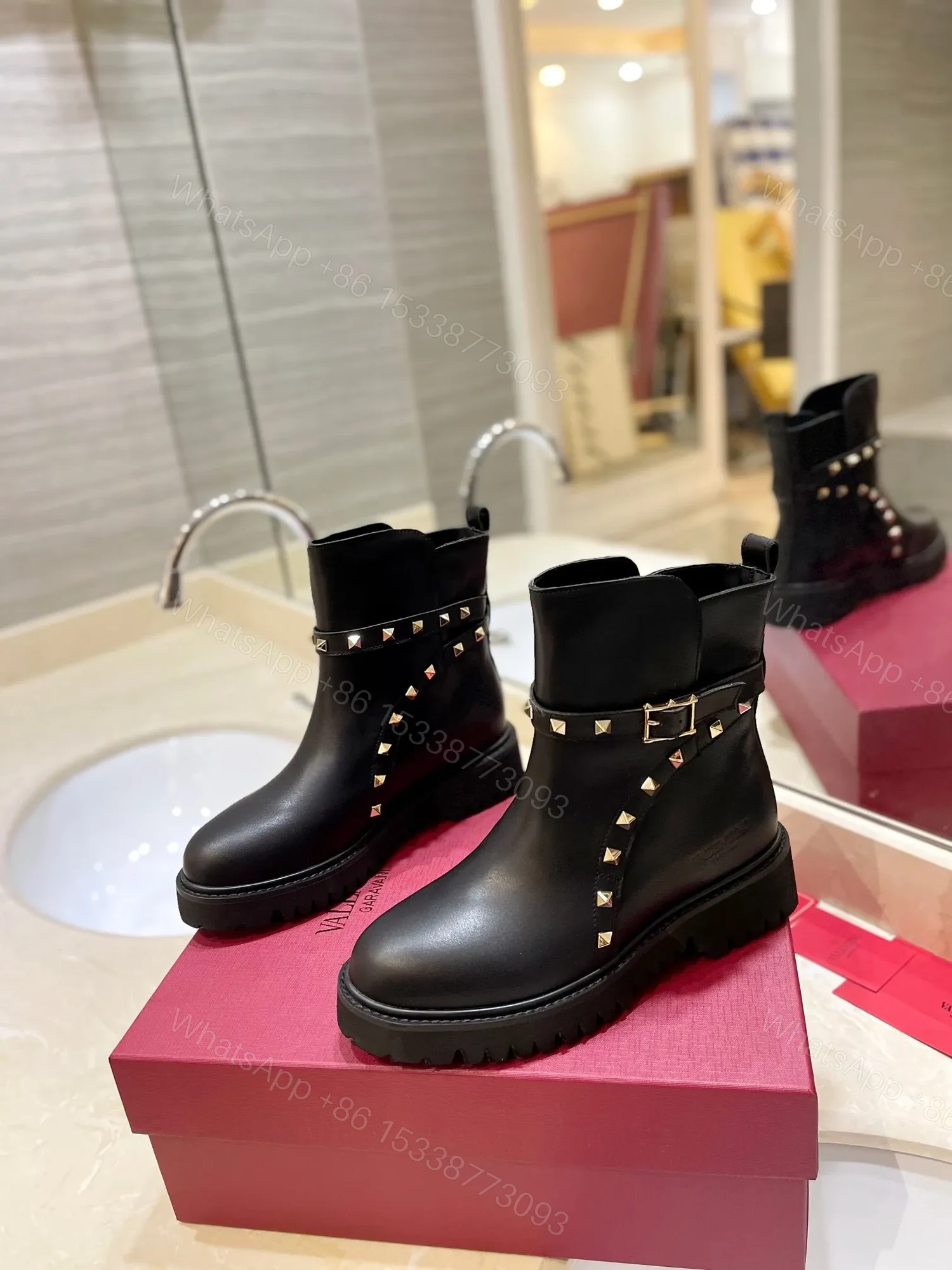 View 3 of Valentino Women Black Leather Studded Boots