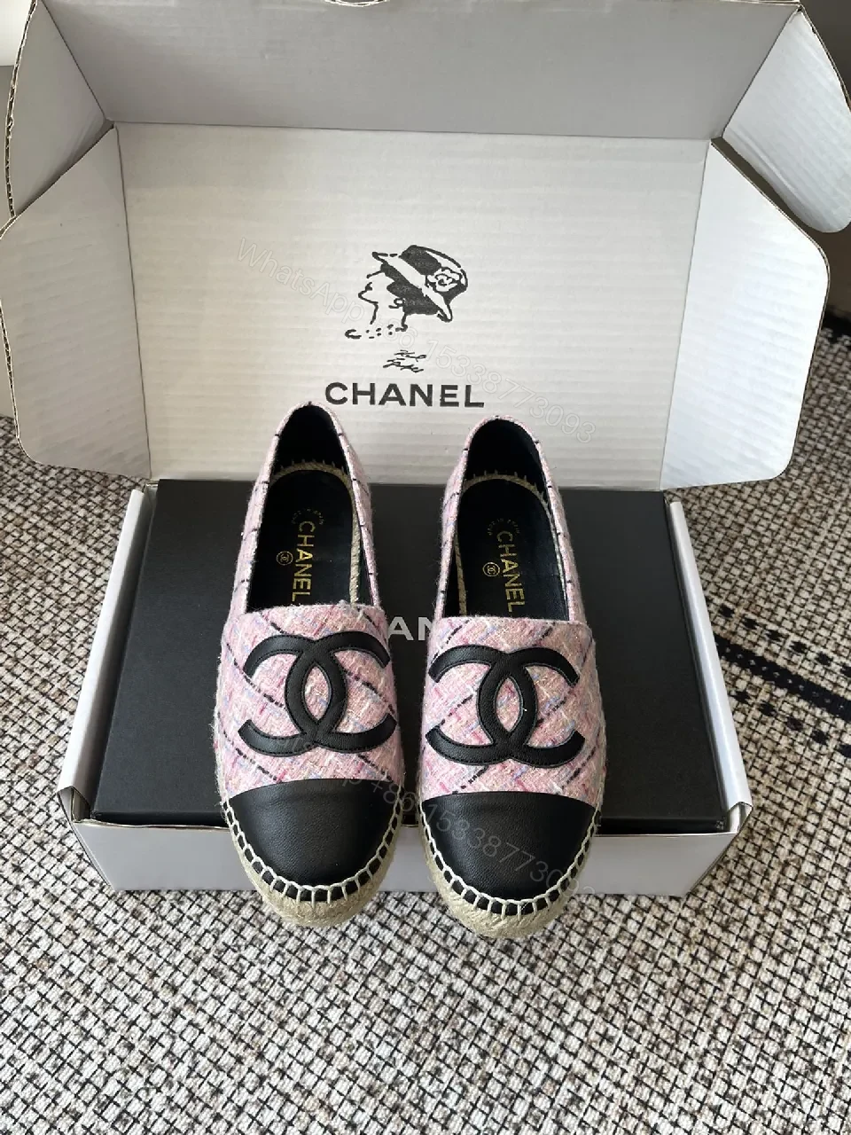 Pink Tweed Espadrilles – Black Toe, Logo Detail, Slip-On Comfort — view 1