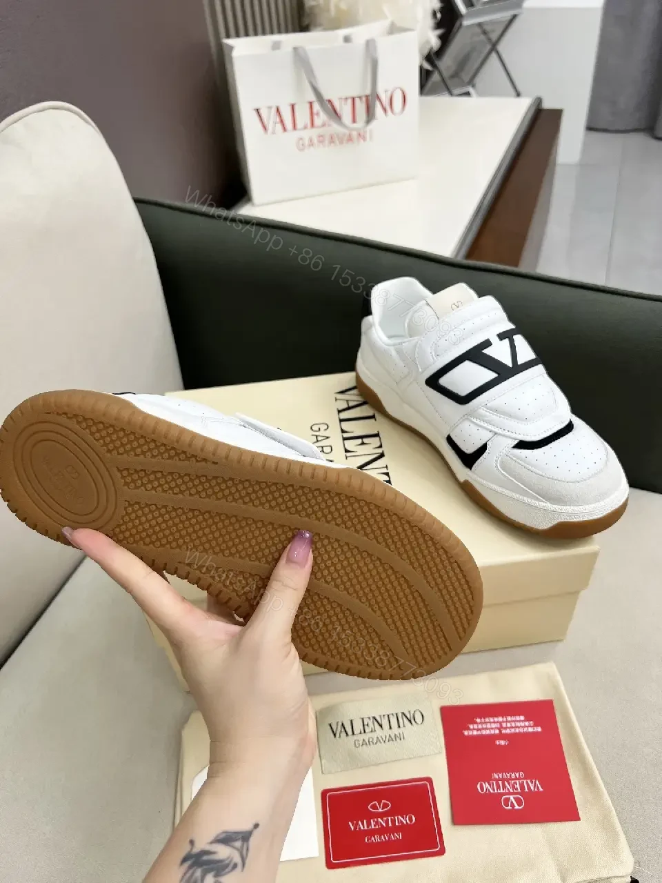 View 6 of White Leather High-Top Sneakers with Geometric Hardware
