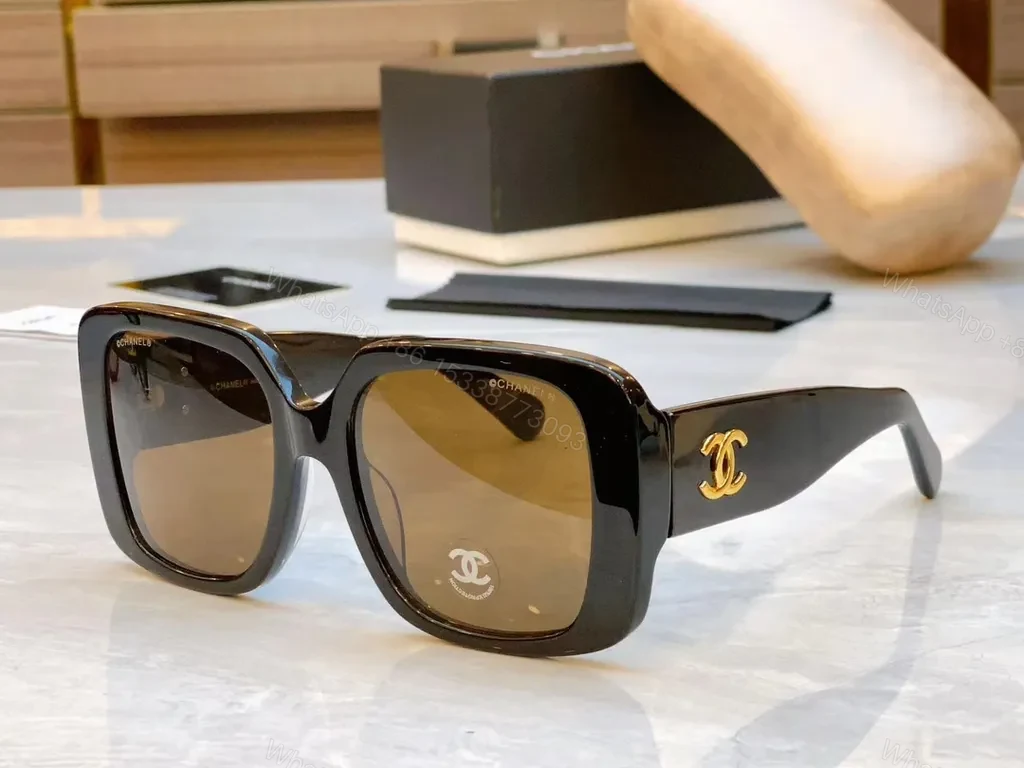 View 3 of Oversized Square Sunglasses - Black Acetate, Gold Logo, UV400 Protection