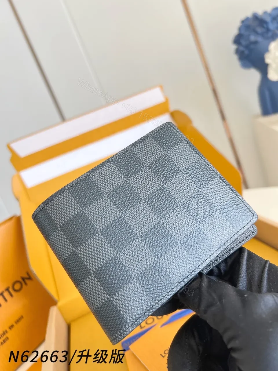 View 6 of Patterned Leather Wallet: Luxury Checkerboard, Slim Currency Holder
