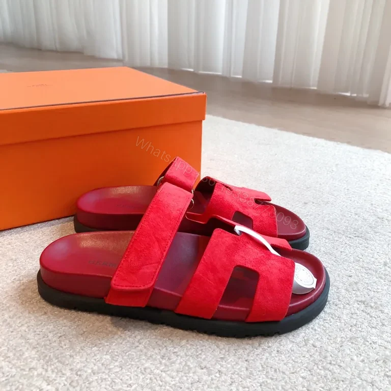 View 3 of Bold Red Suede Sandals â€“ Luxe Comfort, Dual-Stripe Style