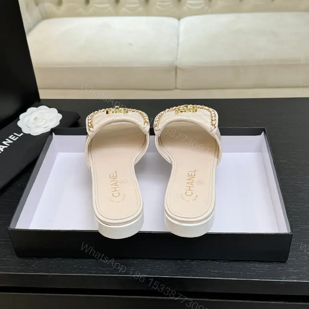 View 2 of Quilted Leather Slides + Gold Emblem + Luxury Casual Slip-ons