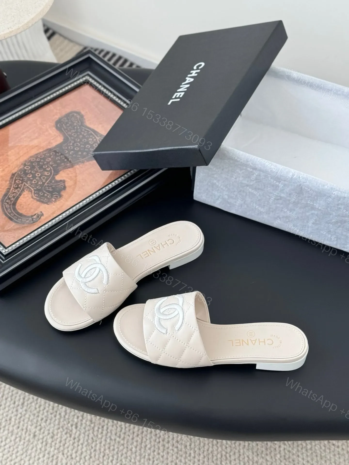 View 2 of Chanel Women Cream Quilted Leather Slides