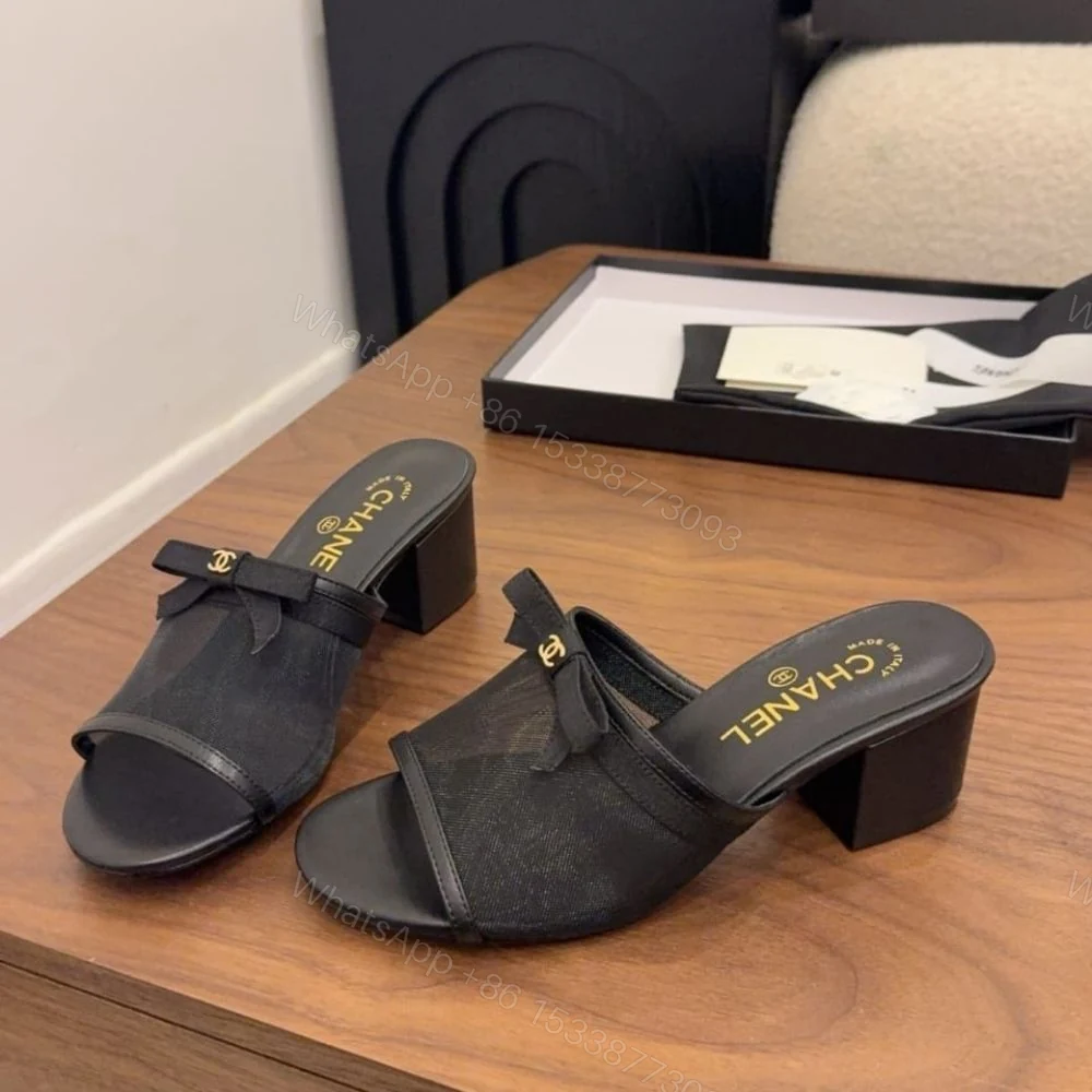 View 3 of Chanel Mesh Bow Block Heel Mules Black