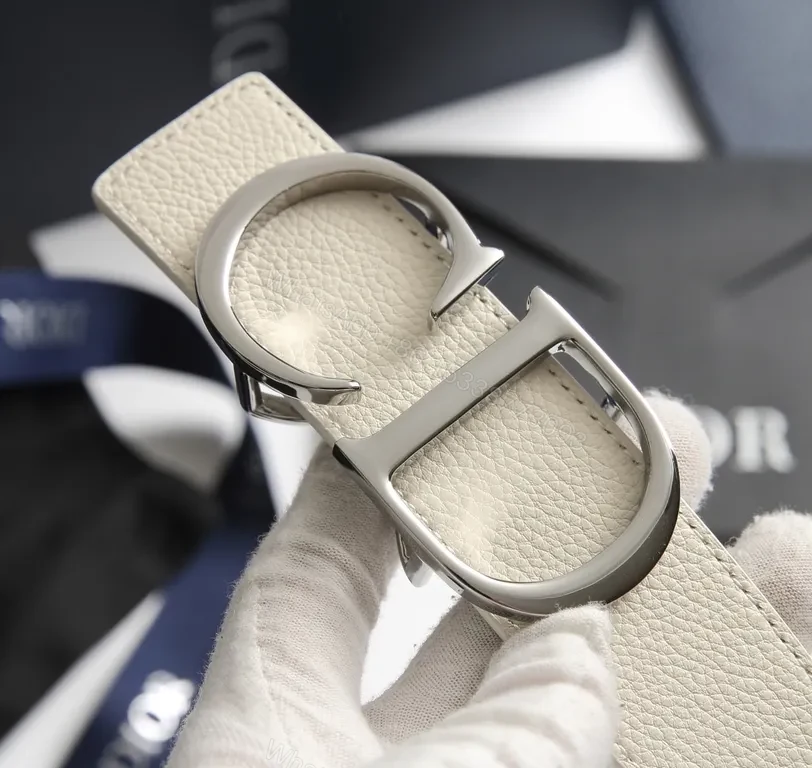 View 7 of Cream Leather Dior-Inspired Double-Ring Belt - Luxury Calfskin