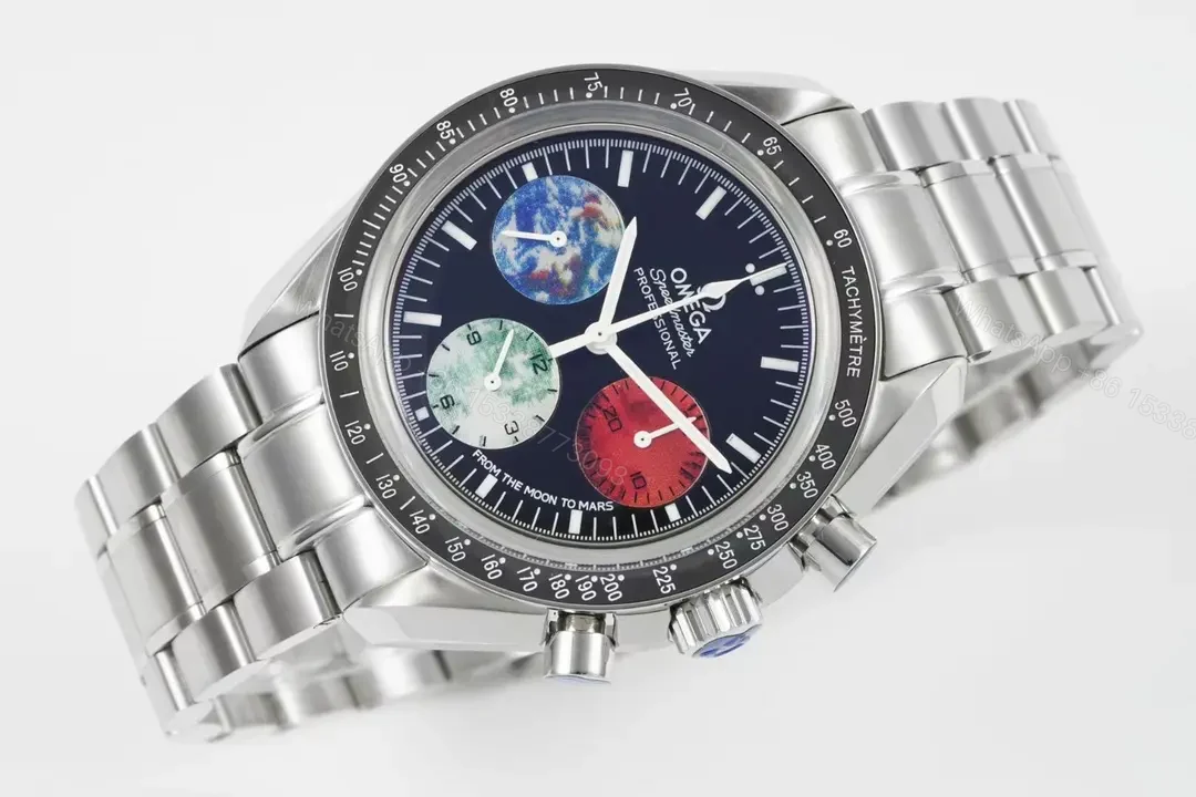 View 4 of Omega Speedmaster Professional Chronograph Automatic Watch Blue Dial Red and Green Sub dials Stainless Steel Bracelet 44mm