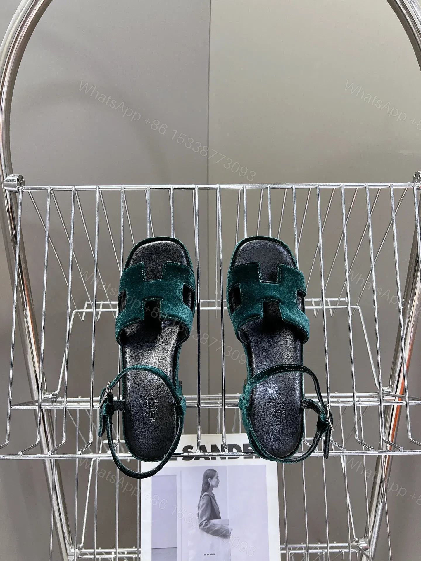 View 2 of Hermes Women Dark Green Velvet Sandals