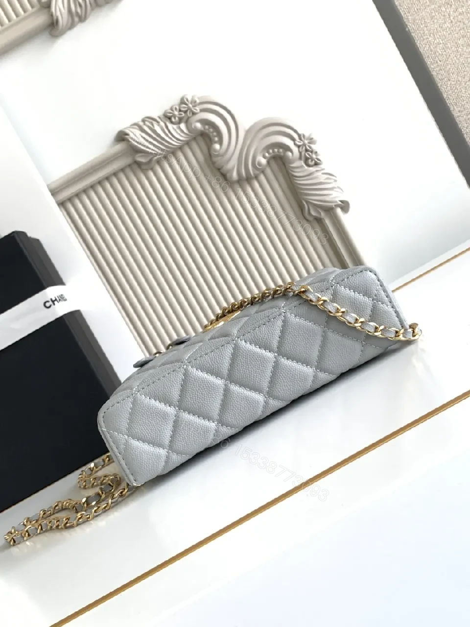View 4 of Quilted Crossbody Bag with Gold Logo, Gray, Luxe Style