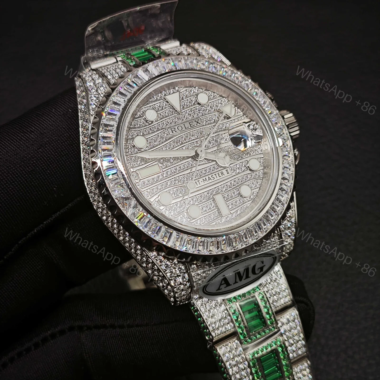 View 4 of Rolex Submariner Meteorite Diamond Replica 40MM Exclusive Green Baguette Steel Bracelet RG-ROLEX-SUB-METEORITE-GREEN-40