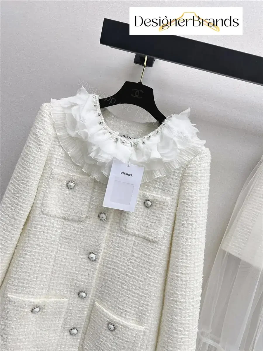 View 3 of Ivory Tweed Blazer with Ruffle Collar – Luxe, Structured Style