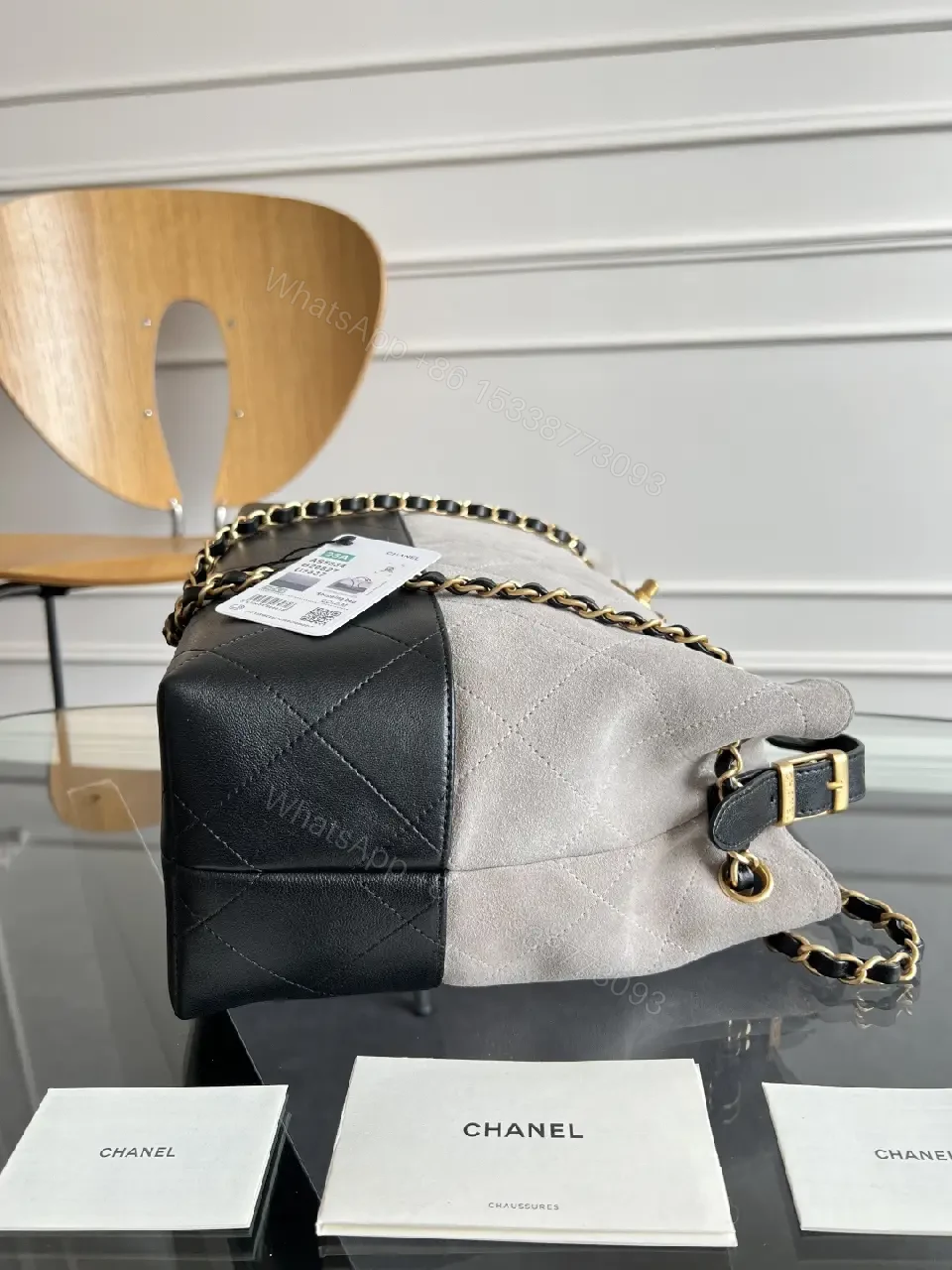 View 7 of Two-Tone Quilted Tote: Convertible Chain Handle, Subtle Glam
