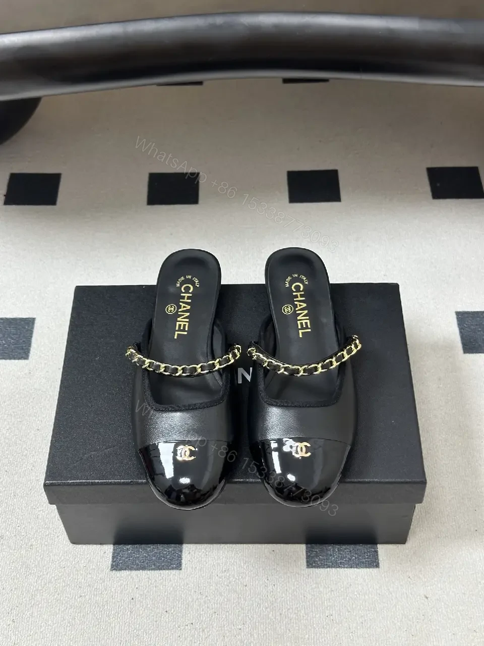 View 8 of Black Leather Flat Mules Chain-Detail Chanel-Style Slippers