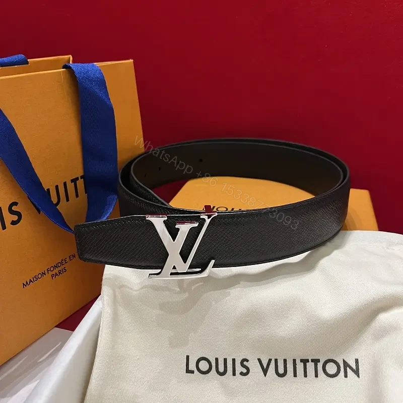 Black Leather Belt with Silver LV Logo Buckle, Classic Pebbled Texture — view 1