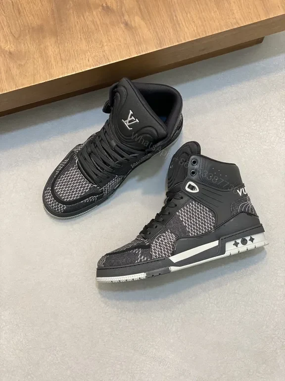 View 4 of Black Leather Mesh High-Top Sneakers | LV-Inspired, All-Day Comfort