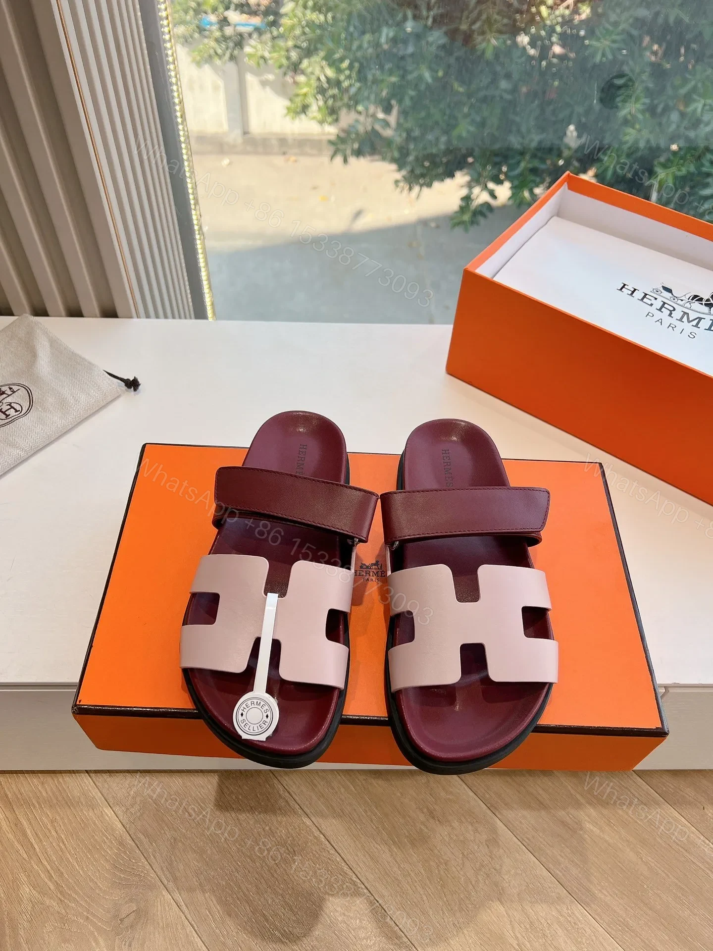 Hermes Women Burgundy Leather Pink Accent Sandals — view 1