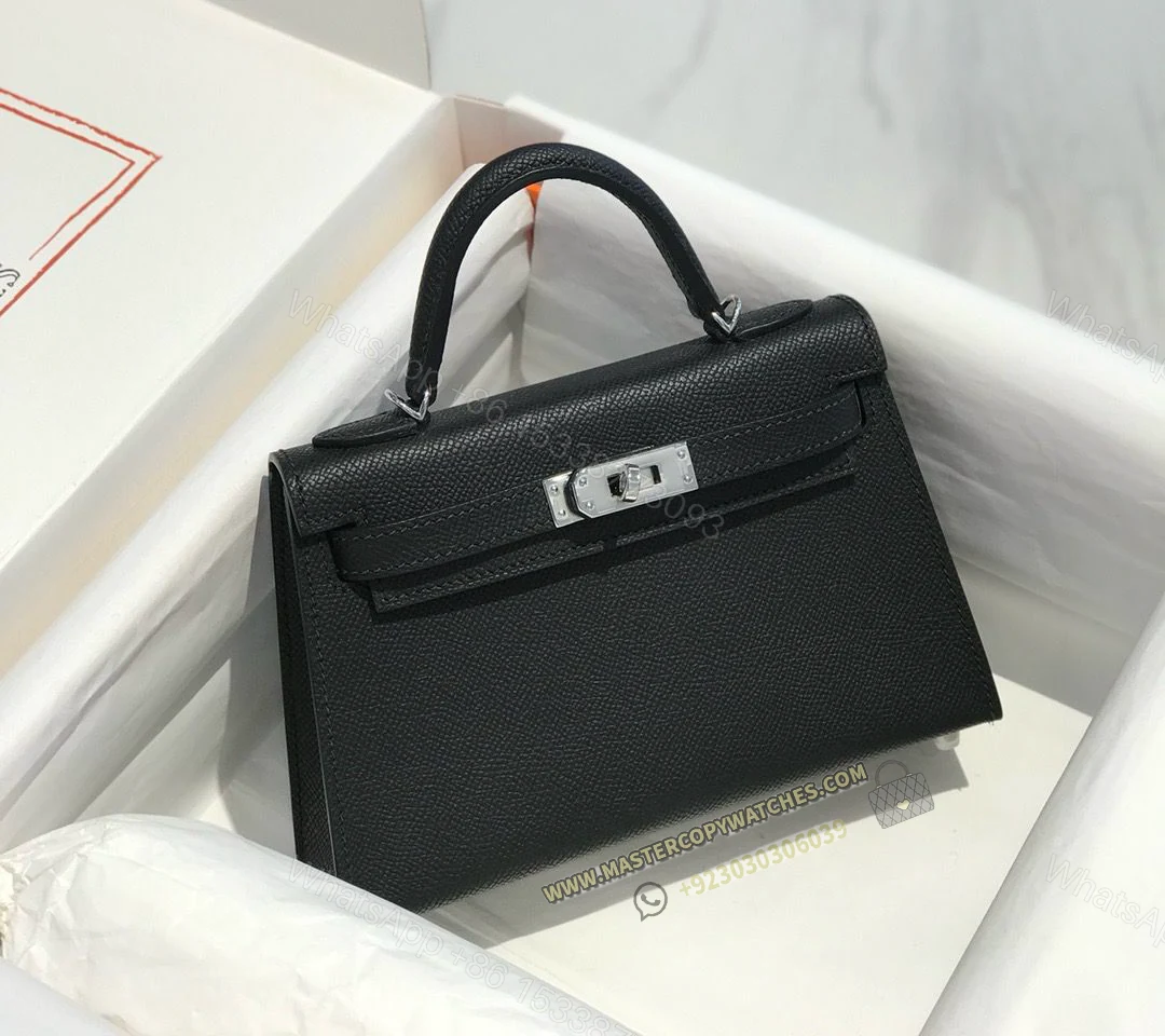 Hermes Mini Kelly Epsom 20 Black with Silver Hardware — view 1