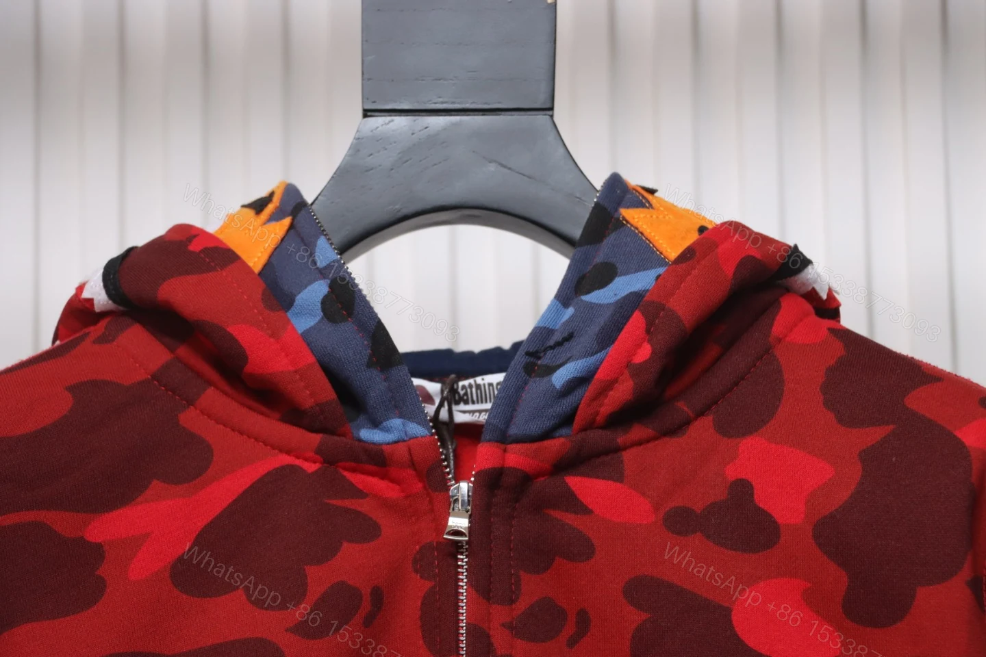 View 4 of BAPE Shark's Head Tiger's Head Zipper Camo Double Hoodie Red