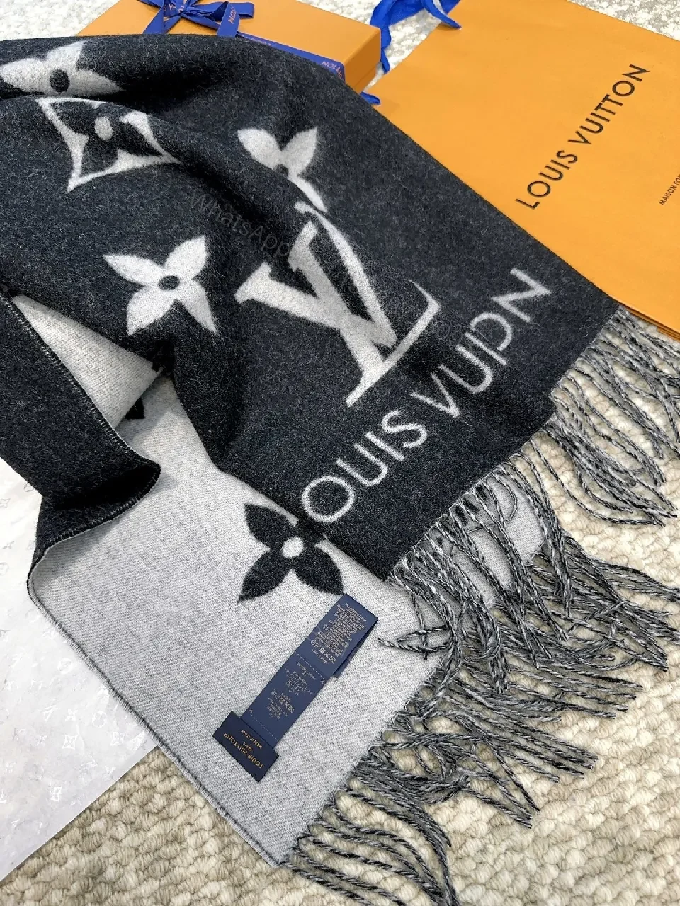 View 2 of Black & gray dual-tone scarf: luxury, woven, fringed