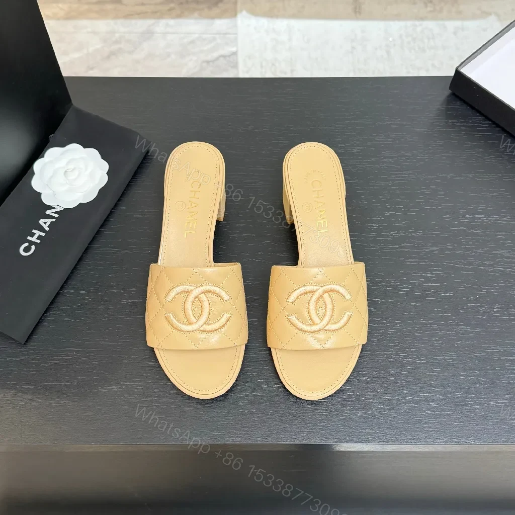 View 7 of Quilted Nude Slide with Logo Accent, Mid-Heel, Luxe Style