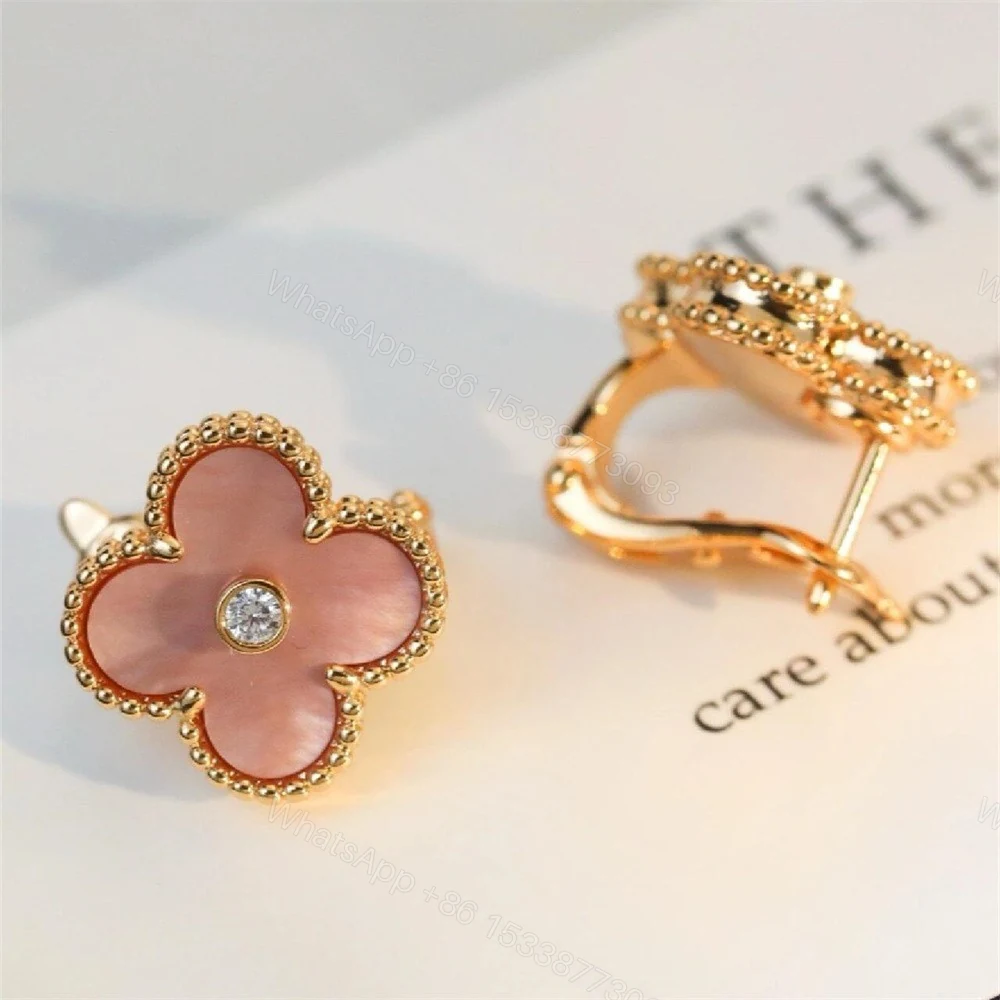 View 3 of Van Cleef & Arpels 18K Vintage Alhambra Earrings Pink Mother-Of-Pearl Diamond