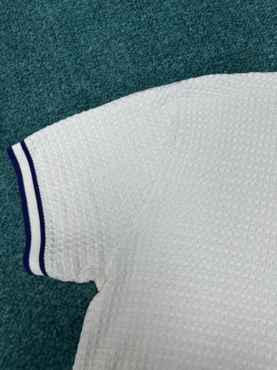 View 8 of Off-White Shirt Textured Weave Navy Piping Pocket Logo Button-Up
