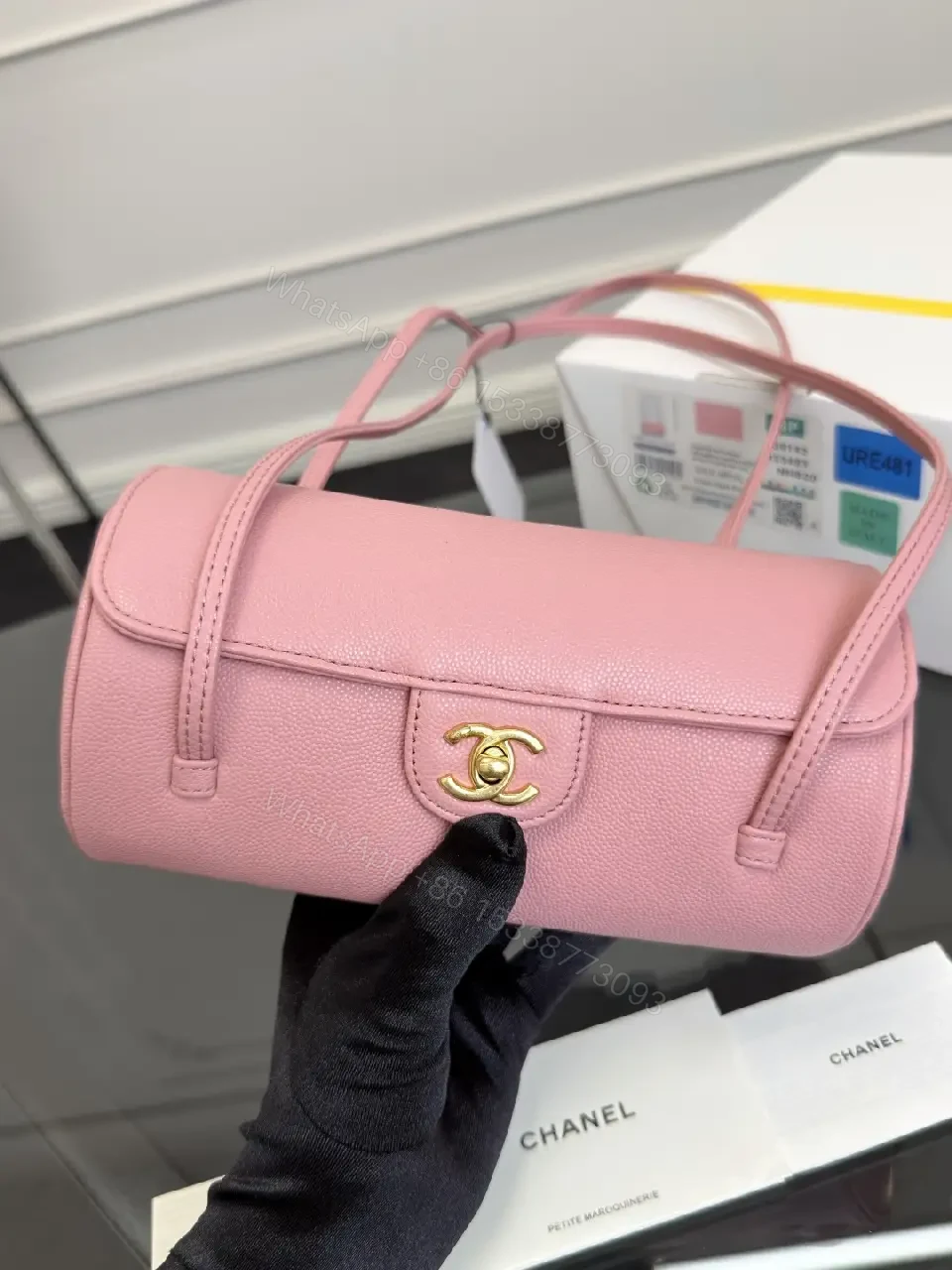 View 5 of Pink Textured Leather Shoulder Bag with Gold Logo Closure (Compact)