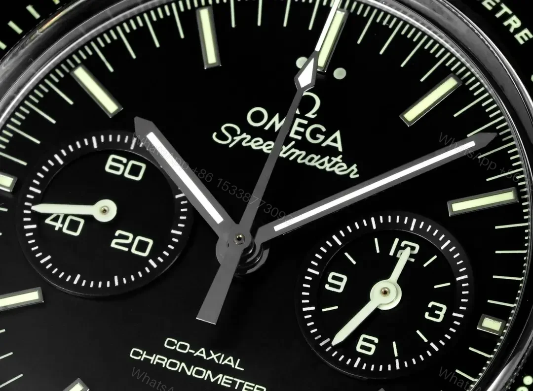 View 5 of Omega Dark Side of the Moon Series Full Ceramic Black Chronograph Watch with Black Leather Strap