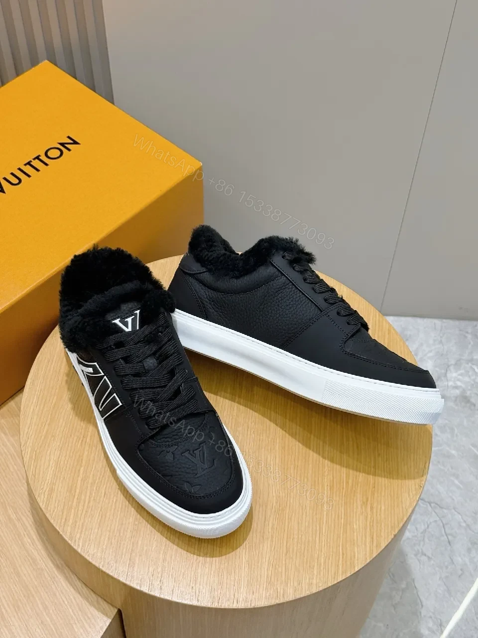 View 6 of Fur-Lined Black Leather High-Top Sneakers: Luxury Comfort