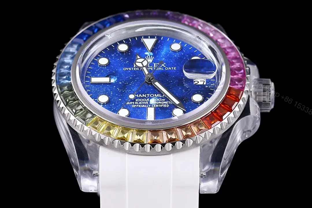 View 3 of Rolex Submariner Phantom Crystal Blue Dial White Strap Edition 40mm RG-SUB-BLUE-RAINBOW-PHANTOM