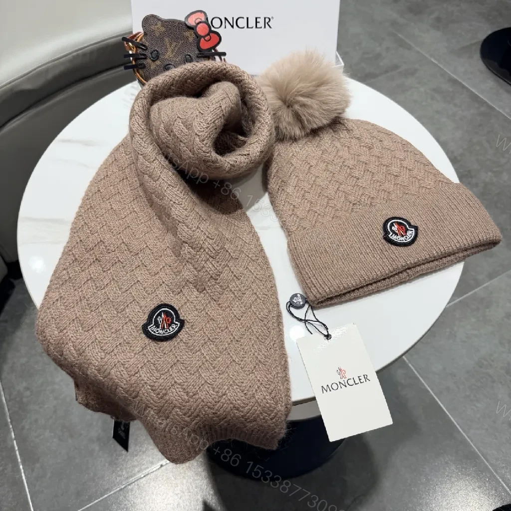 View 5 of Camel Knit Set: Plush Beanie & Scarf with Crest Detailing