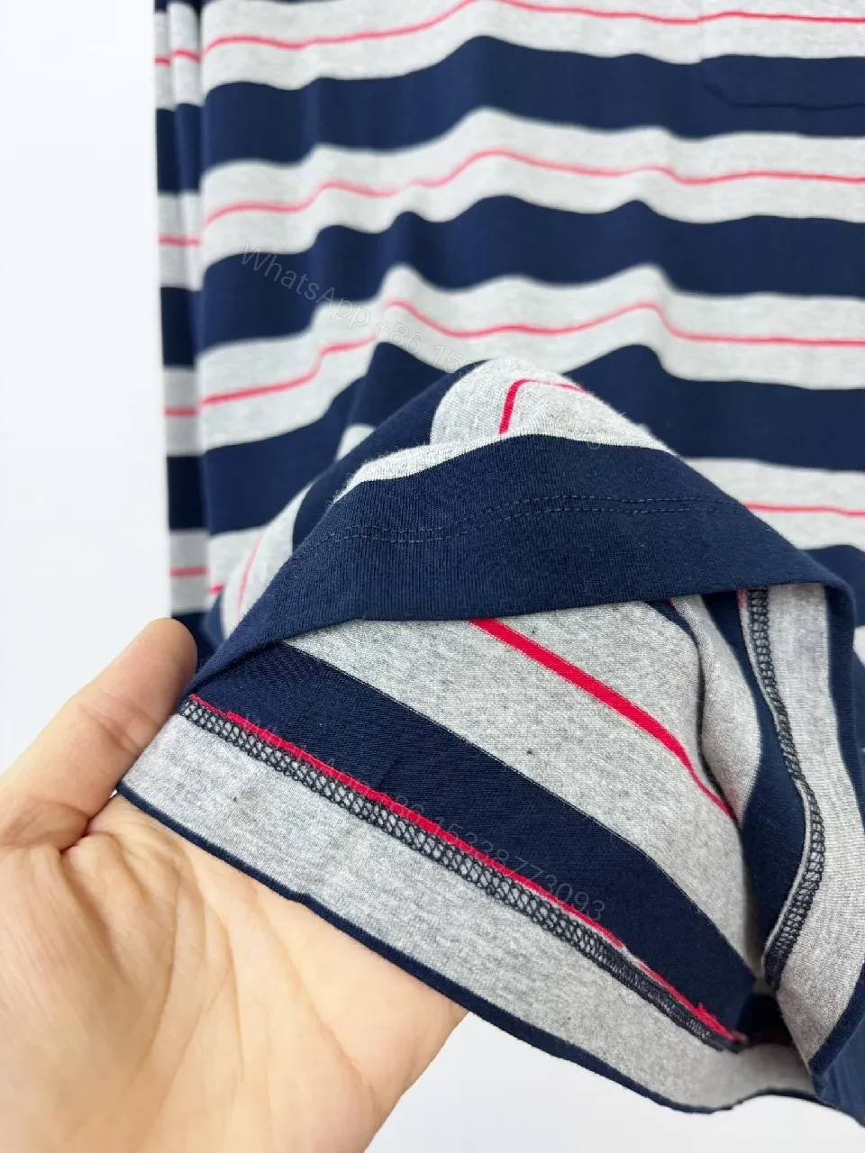 View 6 of Navy Gray Stripe Knit Top with Red Accent, Relaxed Fit