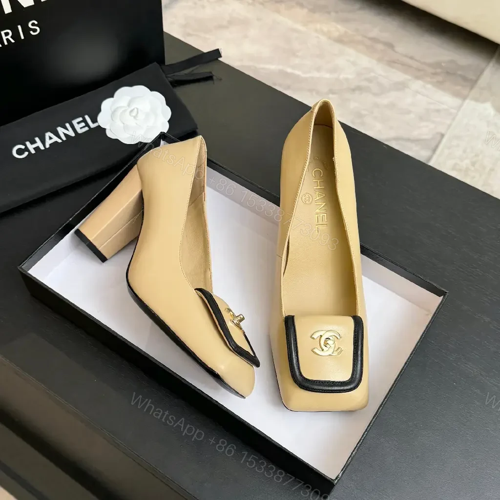 View 10 of Beige Leather Block-Heel Pumps with Hardware Details