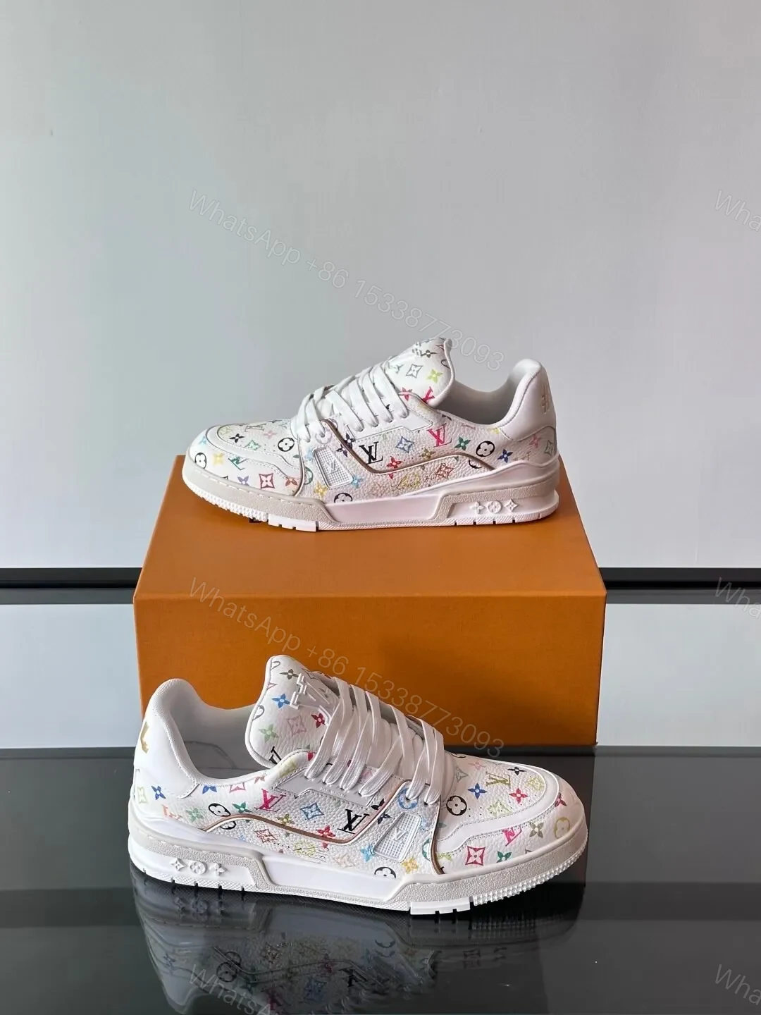 View 3 of LV Men White Leather Multicolor Monogram Sneakers