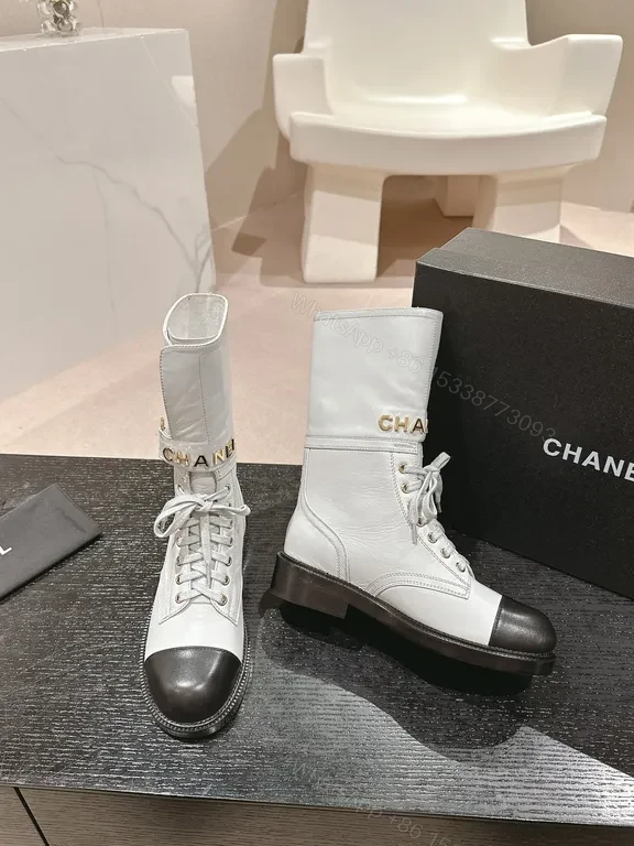 View 4 of Stark Contrast Combat Boots: Chanel-Inspired Luxe Silhouette