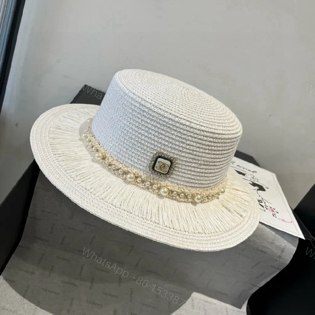 View 2 of Chic Straw Hat with Pearl Trim — Timeless Resort Style