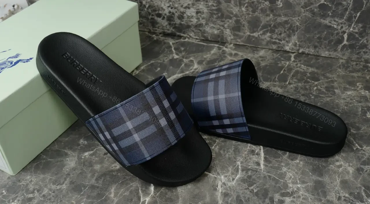 View 6 of Blue Plaid Slide Sandals with Burberry Design