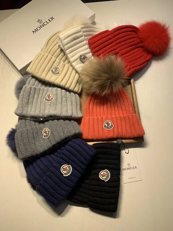View 2 of Orange Knit Beanie with Fur Pom-Pom by Moncler - Luxe Wool Blend, Ribbed Style