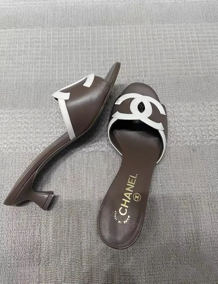 View 5 of Brown Leather Slides White Logo Interlock Chanel Sliders