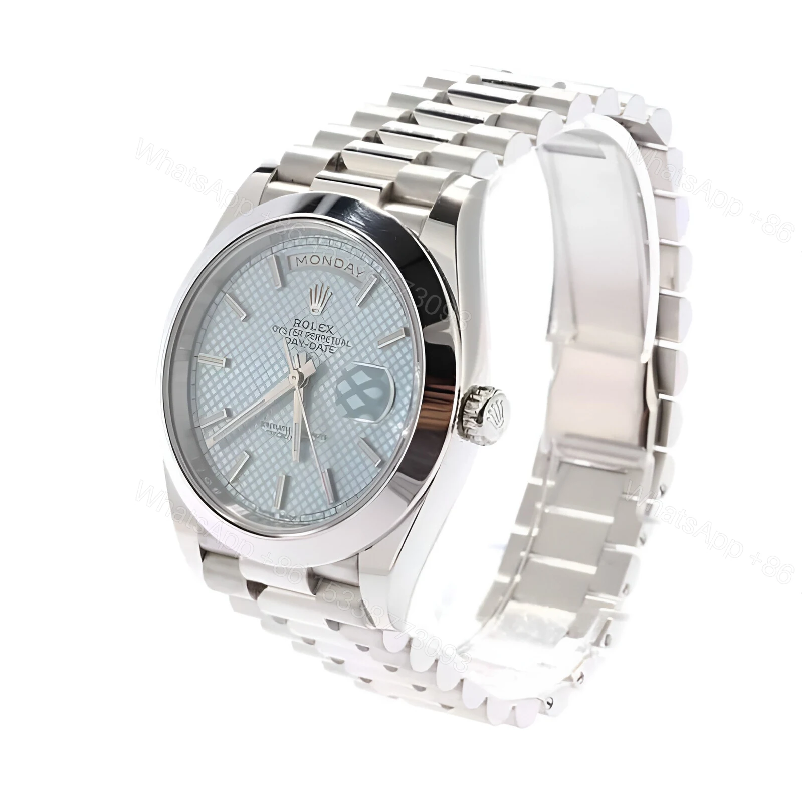 View 2 of Rolex Day Date Ice Blue Baguette Dial Platinum Presidential 228206 Replica