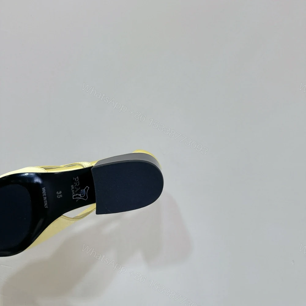 View 9 of 高仿Prada*1I747D尖頭粗跟高踭鞋5.5CM緞面黃色免檢版