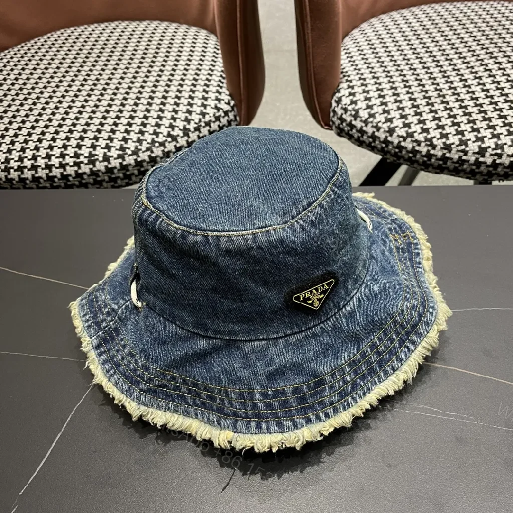 View 7 of Denim Bucket Hat + Distressed Edge + Modern Luxury + Subtle Prada-Inspired Badge + Hat
