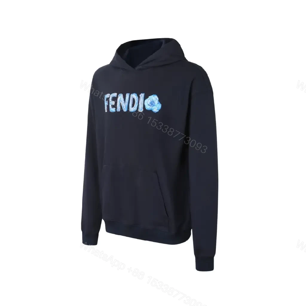 View 4 of Navy Fendi-Embroidered Graphic Hoodie, Luxe Cotton-Blend