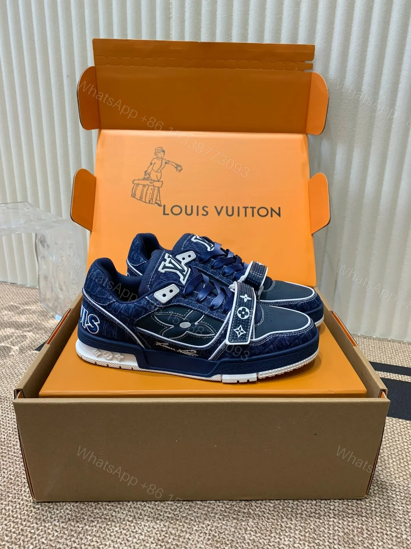 View 3 of LV Women Navy Canvas Leather Sneakers