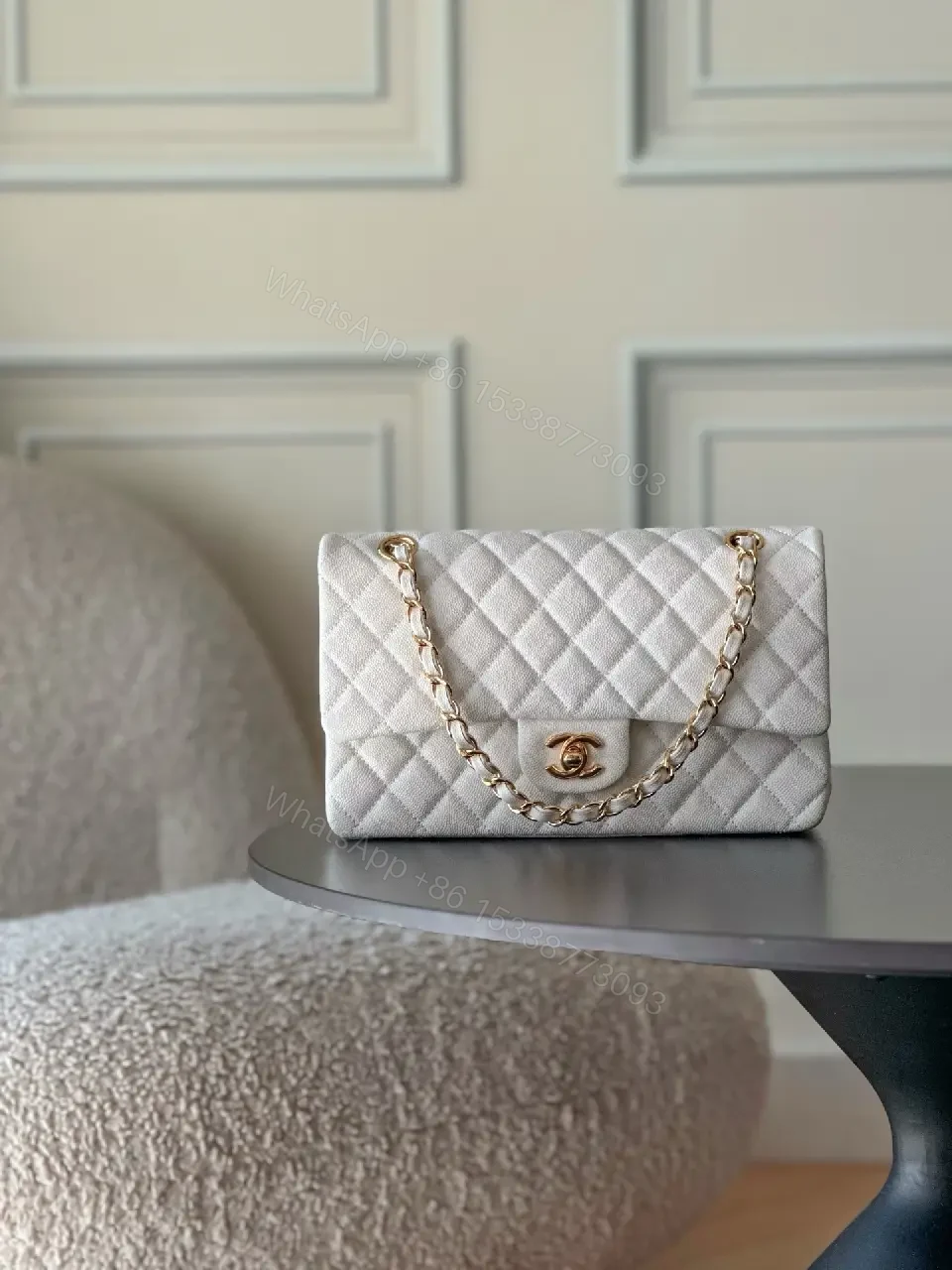 View 9 of Grey quilted leather chain-strap shoulder bag, luxury monogram-inspired pattern for everyday elegance