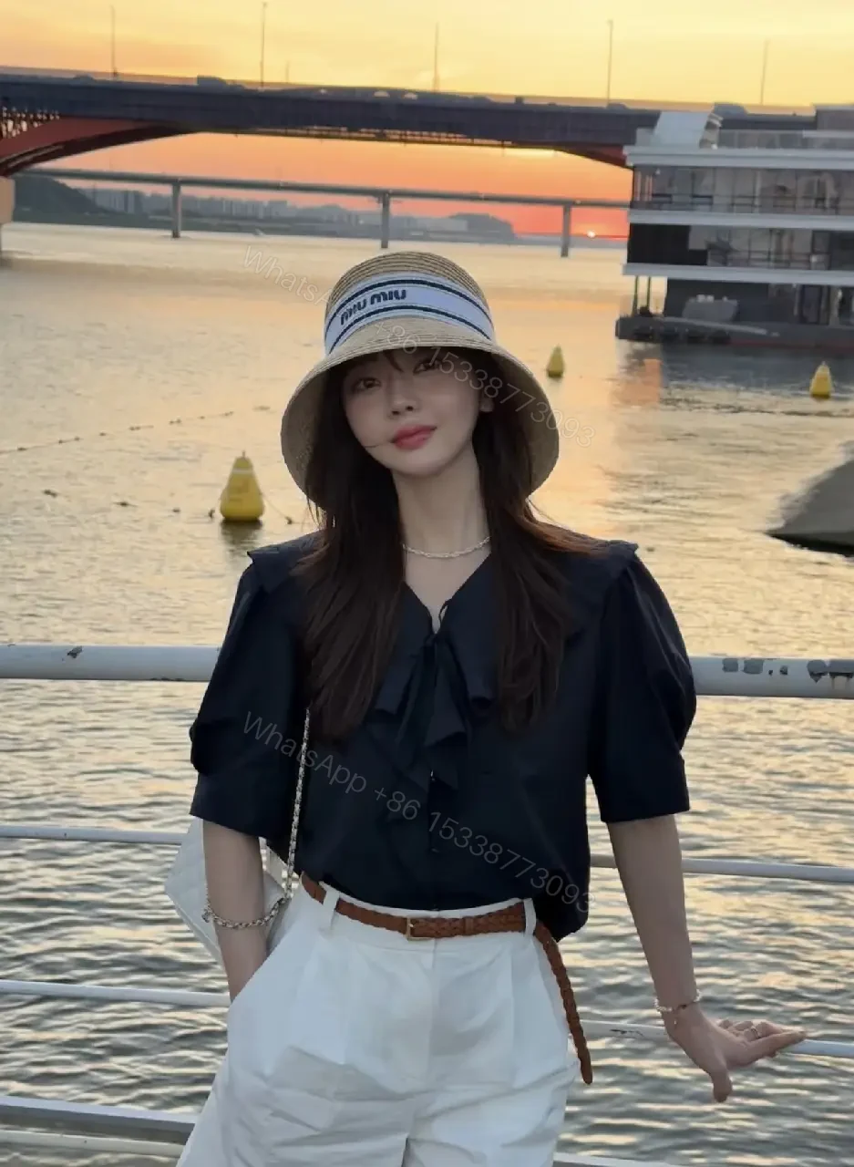 View 5 of Light Tan Straw Hat Wide Brim Flat Crown White Band Blue Stripes MIU MIU Visor Hat
