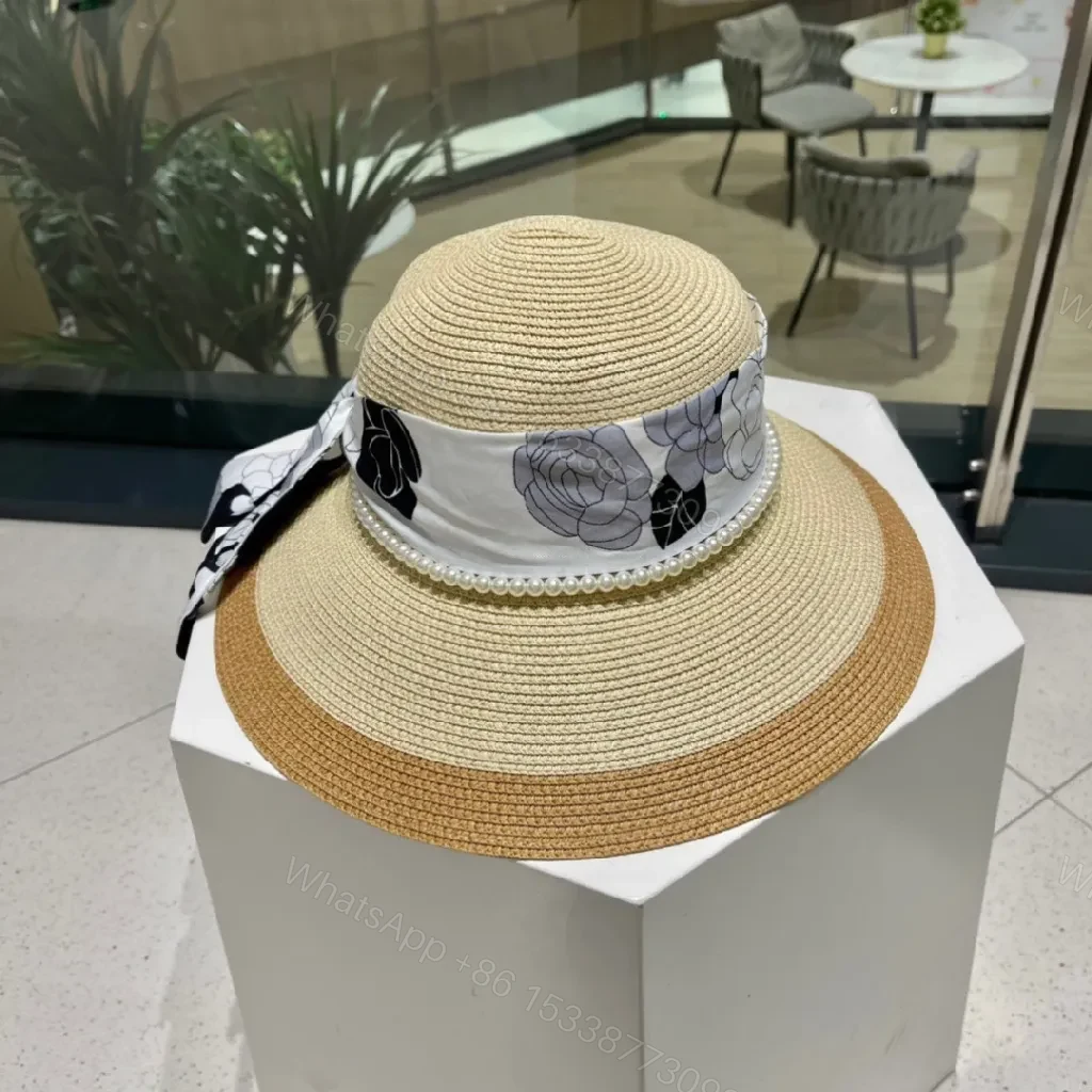 View 9 of Chic Wide-Brim Straw Hat with Pearl Band Detail