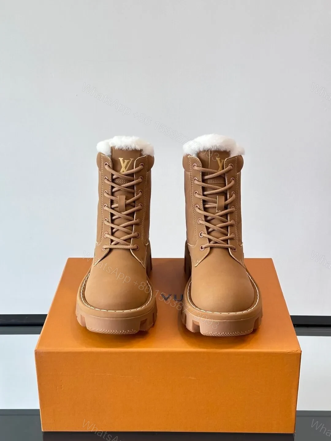 View 2 of LV Men Tan Leather Fur-Lined Boots