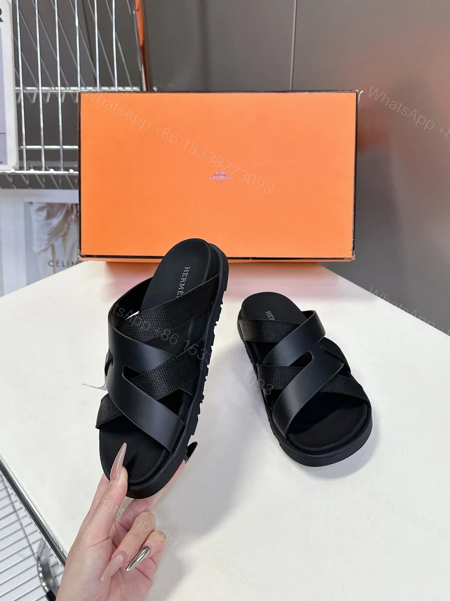 View 5 of Hermes Women Black Leather And Fabric Sandals